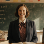 Teacher Hope Hynes Love smiling with golden light near old textbooks and drama mask in a nostalgic classroom.
