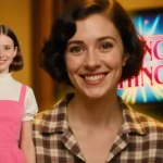 Stranger Things cast members compare iconic and off‑beat looks with nostalgic 80s backdrop and glowing TV logo.