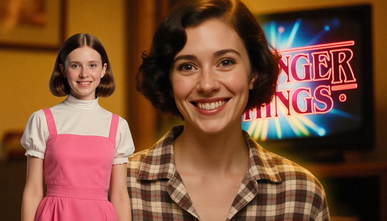 Stranger Things cast members compare iconic and off‑beat looks with nostalgic 80s backdrop and glowing TV logo.