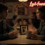 Jonathan Byers sipping coffee with Nancy Wheeler in a nostalgic diner with warm neon glow and a family photo on the counter