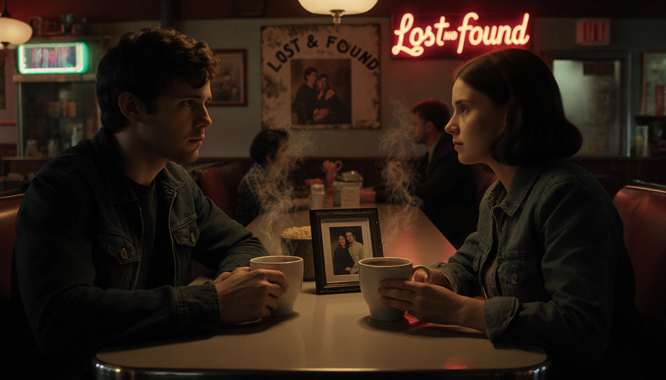 Jonathan Byers sipping coffee with Nancy Wheeler in a nostalgic diner with warm neon glow and a family photo on the counter