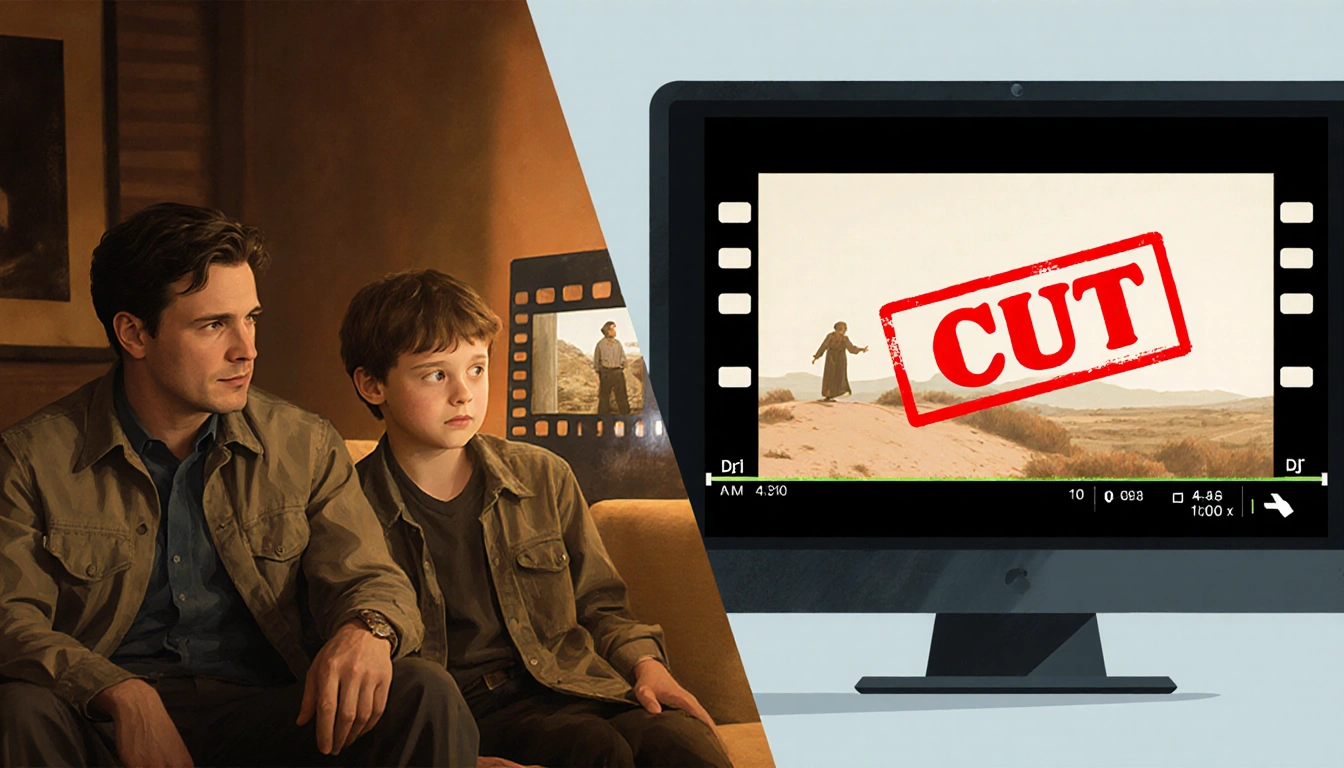 Matt Duffer looking at a Season 4 scene with Will in a nostalgic split-screen while a computer screen shows the edit with a r