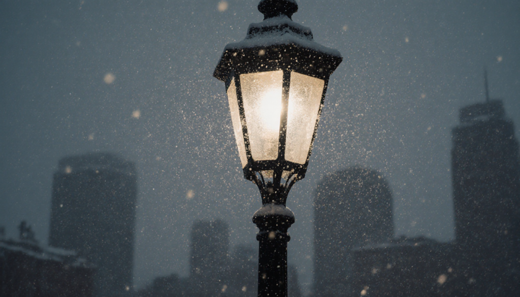 Lone streetlamp standing tall with warm light casting ethereal glow on snowflakes and misty Philadelphia skyline.