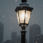 Lone streetlamp standing tall with warm light casting ethereal glow on snowflakes and misty Philadelphia skyline.