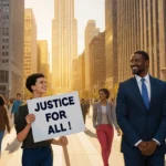 Young activist holding a Justice for All sign with General Kwame Raoul smiling beside them near Willis Tower in Chicago