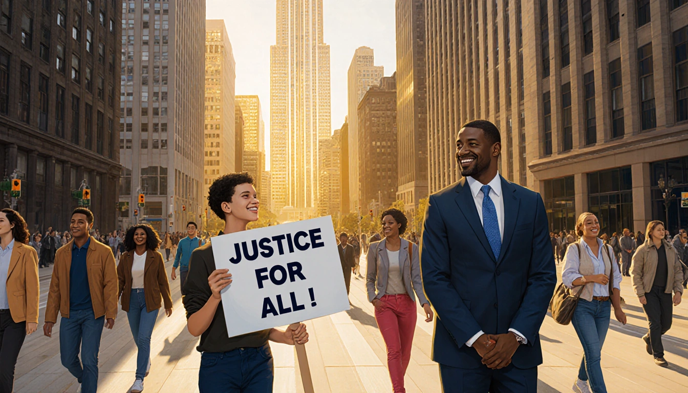 Young activist holding a Justice for All sign with General Kwame Raoul smiling beside them near Willis Tower in Chicago