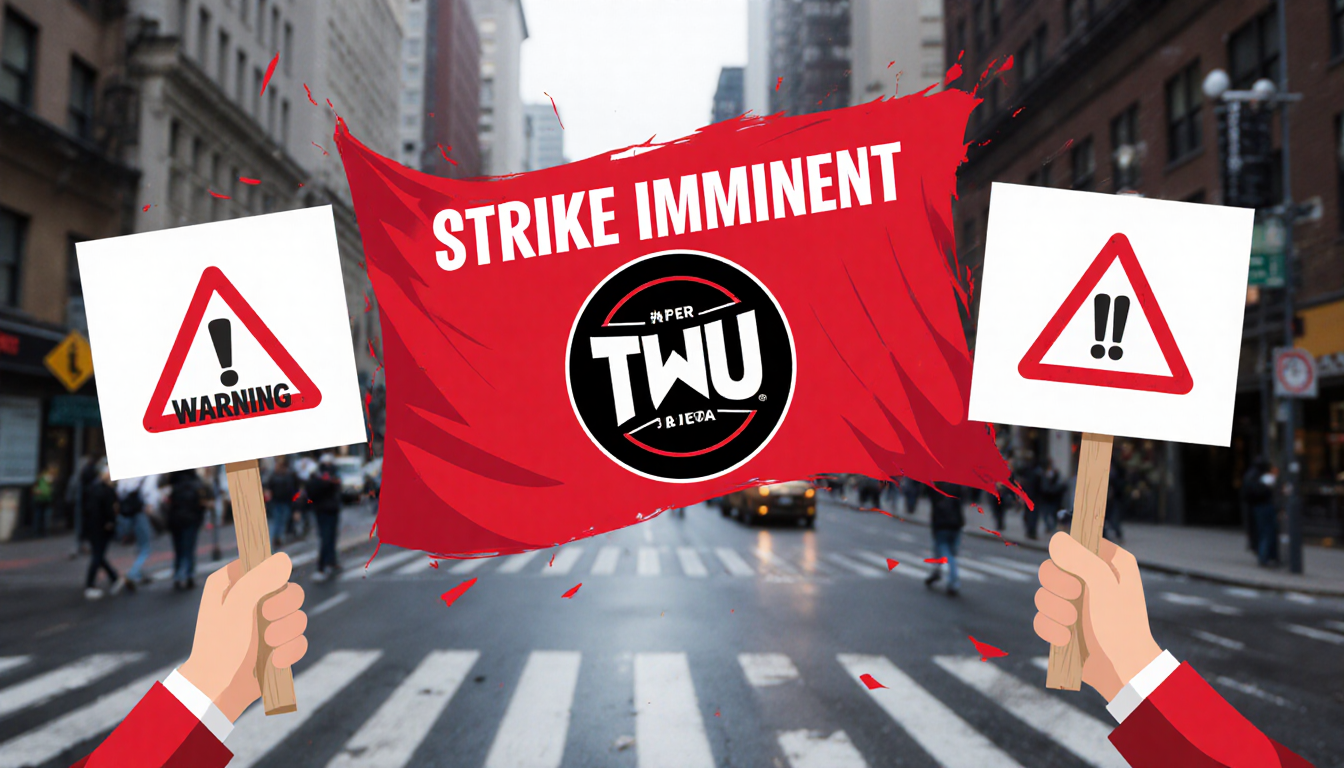 Hands holding picket signs with the slogan Strike Imminent and a flag bearing the TWU logo above them in a city street
