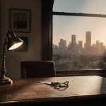 Spotlight shining on a worn wooden desk in a study with an antique letter opener gleaming and a Los Angeles cityscape behind.