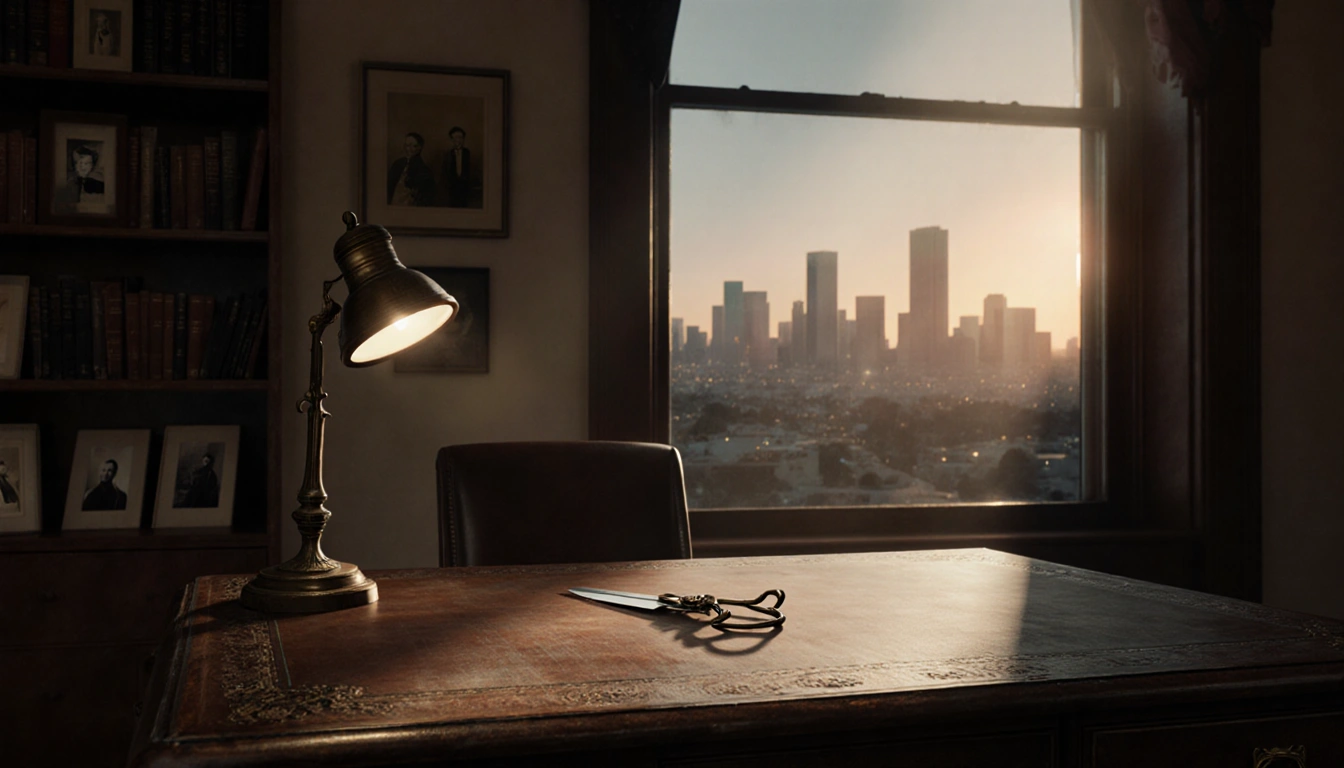 Spotlight shining on a worn wooden desk in a study with an antique letter opener gleaming and a Los Angeles cityscape behind.