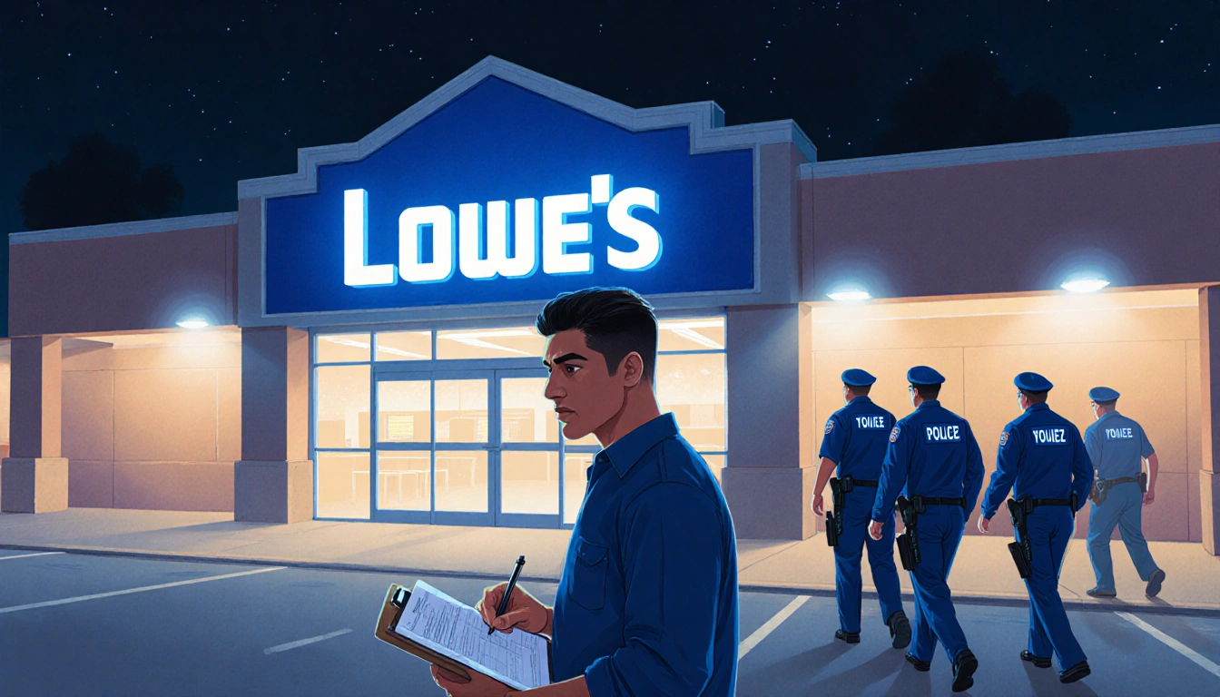 Suarez stands confidently with a clipboard odd jobs before Lowe's sign as blue-uniformed ICE agents approach from behind.