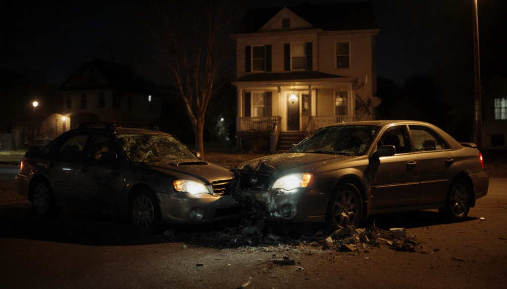 Subaru sedan crashes into two parked cars with shattered glass and twisted metal under nighttime streetlight.