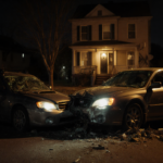 Subaru sedan crashes into two parked cars with shattered glass and twisted metal under nighttime streetlight.