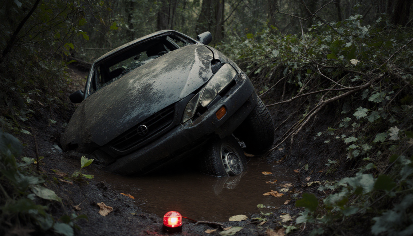 Submerged car slides sideways into muddy ditch with police light near rear wheel and fallen leaves around