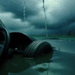 Spinning tires of submerged car with water above dashboard and dark clouds overhead.
