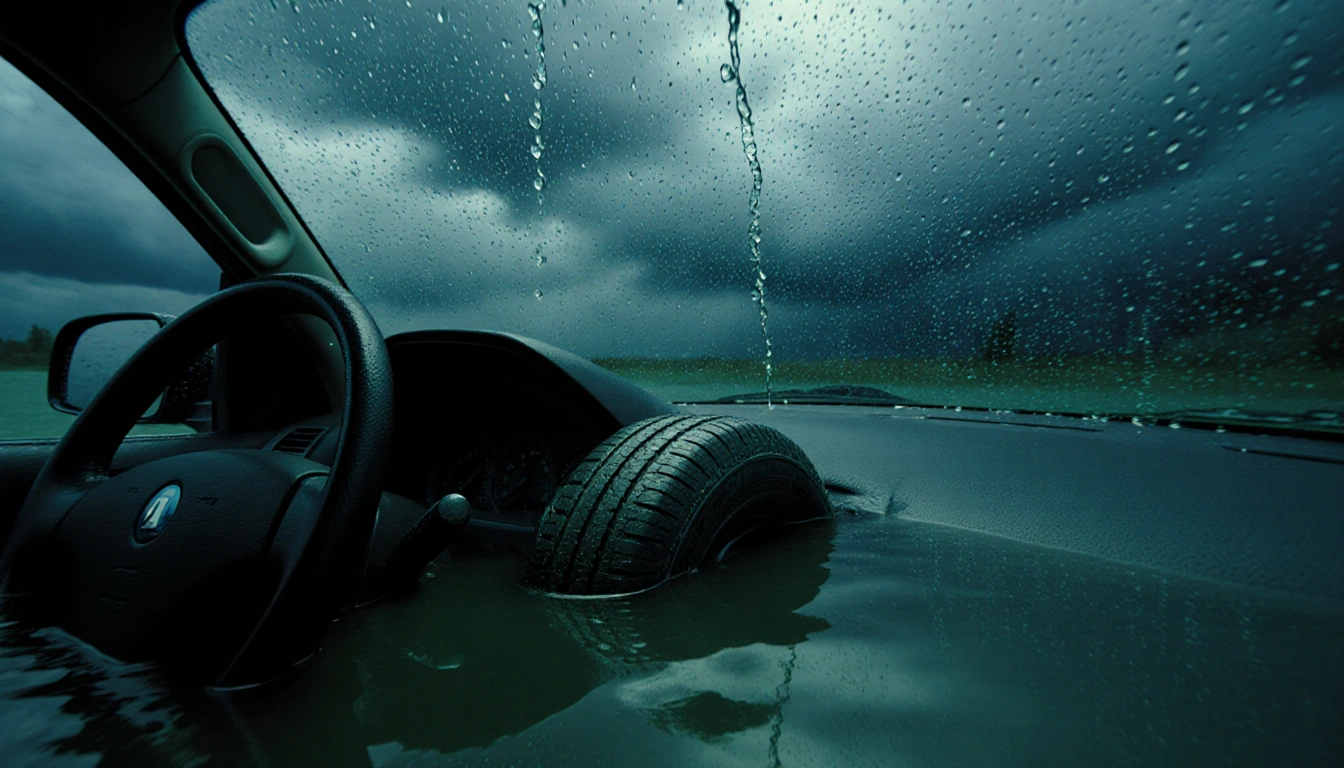 Spinning tires of submerged car with water above dashboard and dark clouds overhead.