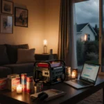 Generator sits on coffee table with flashlights and non‑perishable food and candlelight