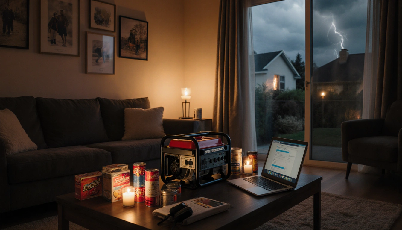 Generator sits on coffee table with flashlights and non‑perishable food and candlelight