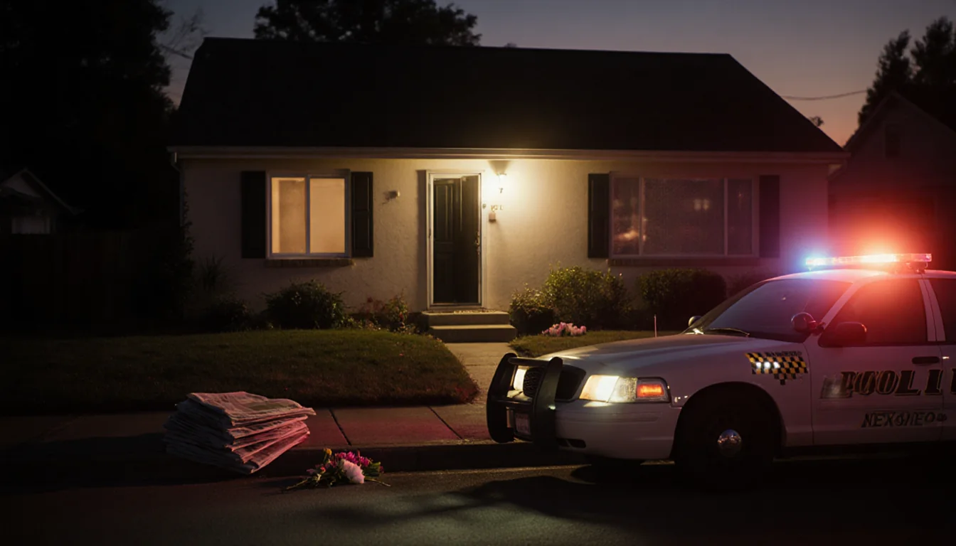 Police car parked beside the curb with its lights illuminating an empty home front door and newspapers near the entrance.