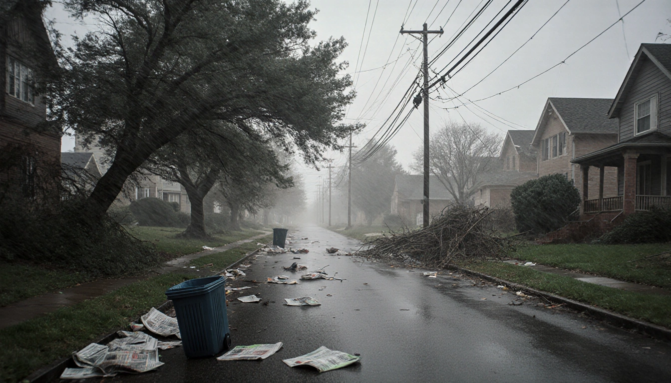 Suburban street rattling with wind damage and debris near swaying trees and downed power lines in Philadelphia