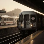 Idle train car sits on Erie station platform with a shuttle bus waiting behind and a golden hour glow.