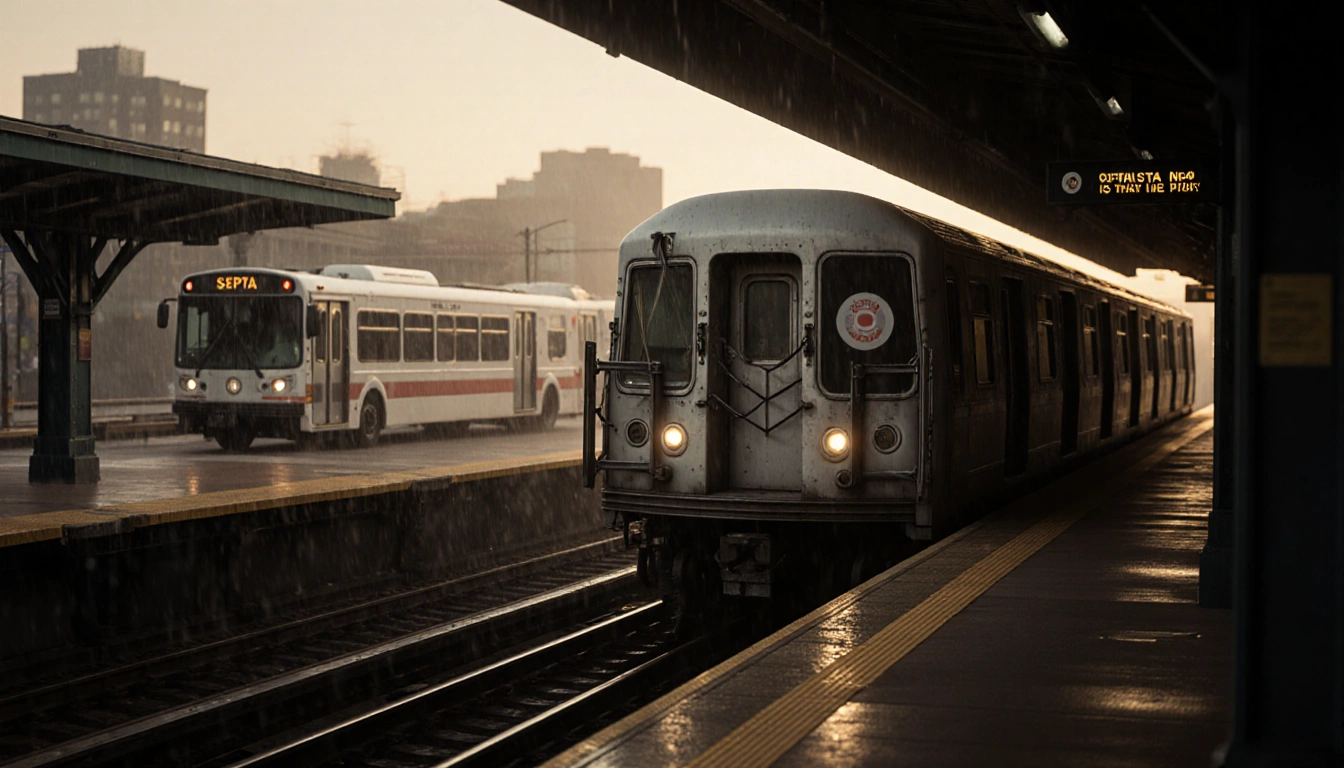Idle train car sits on Erie station platform with a shuttle bus waiting behind and a golden hour glow.