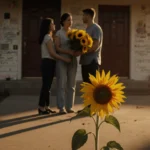 Family holding sunflower bouquet with faded house doors and a wilting sunflower on the wall evoking nostalgia and loss.