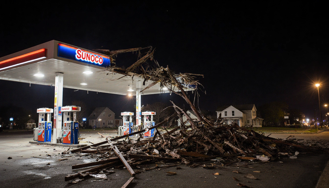 Sunoco gas station roof collapsing at night with twisted metal beams and debris around pumps.