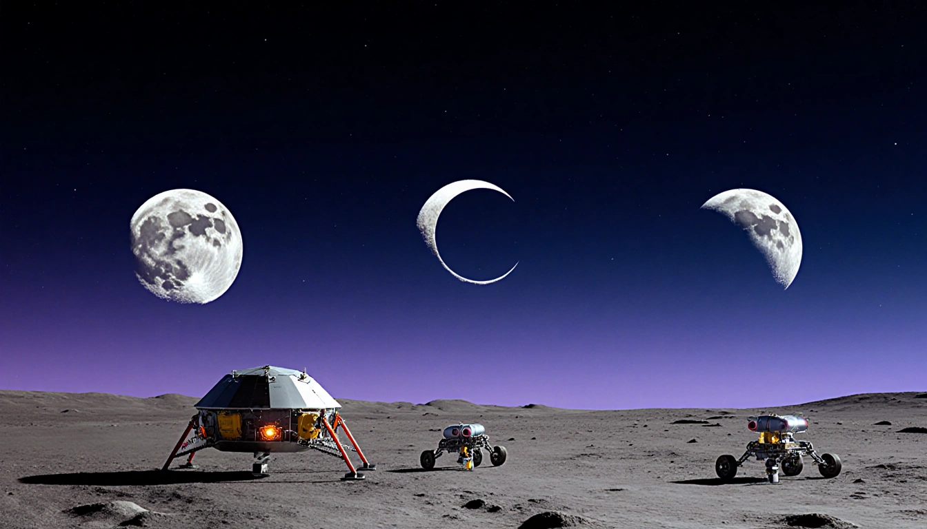 Spacecraft lands on far side of moon with supermoons and solar eclipse overhead and robotic landers