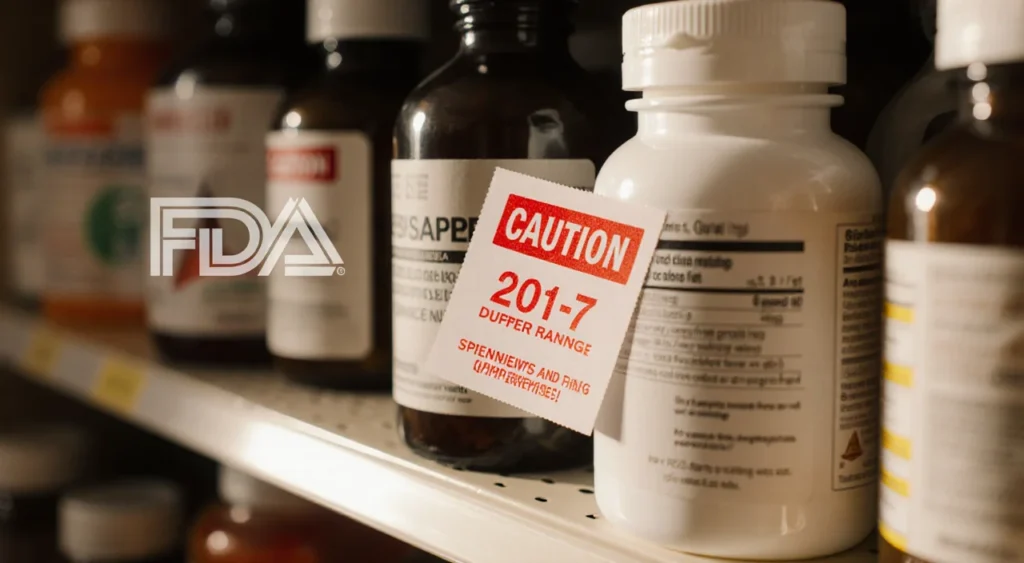 Supplement shelf showing bottles with a warning label and a faint FDA logo in the background