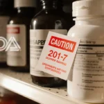 Supplement shelf showing bottles with a warning label and a faint FDA logo in the background
