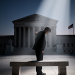Solemn figure stands before stone bench with spotlight and faint American flag in Supreme Court dusk backdrop.