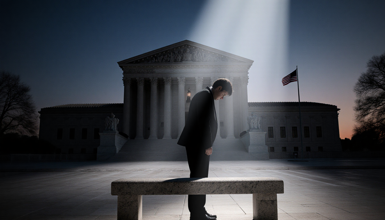 Solemn figure stands before stone bench with spotlight and faint American flag in Supreme Court dusk backdrop.