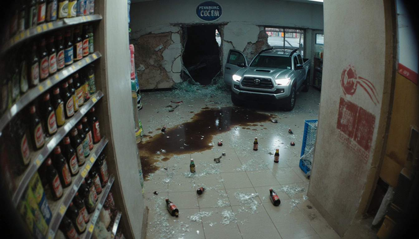 Surveillance camera records chaotic scene with shattered bottles and dark stain and a crushed Toyota Tacoma.