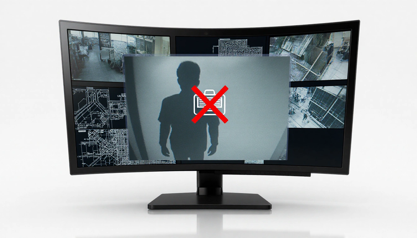 Surveillance monitor showing multiple screens with a central face overlaid by a closed icon and red X and scattered maps