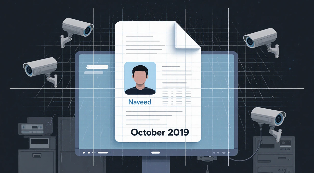 Surveillance monitor showing Naveed file with Oct 2019 timestamp with background of cameras and faint grid overlay