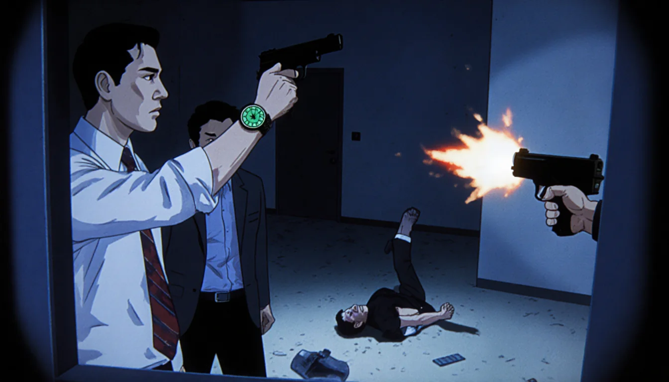 Ware raising a Rolex to fire with Lee behind him in surveillance footage of a dim room while shooter fires and he falls wound