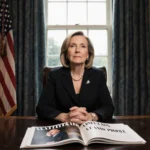 Susie Wiles, White House chief of staff, sits at a wooden desk with an open Vanity Fair showing her headline soft window glow