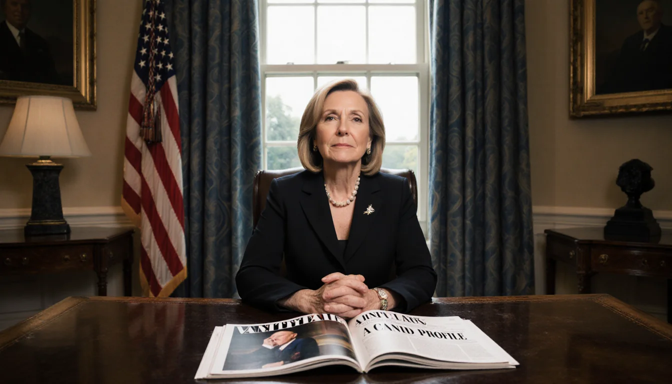 Susie Wiles, White House chief of staff, sits at a wooden desk with an open Vanity Fair showing her headline soft window glow