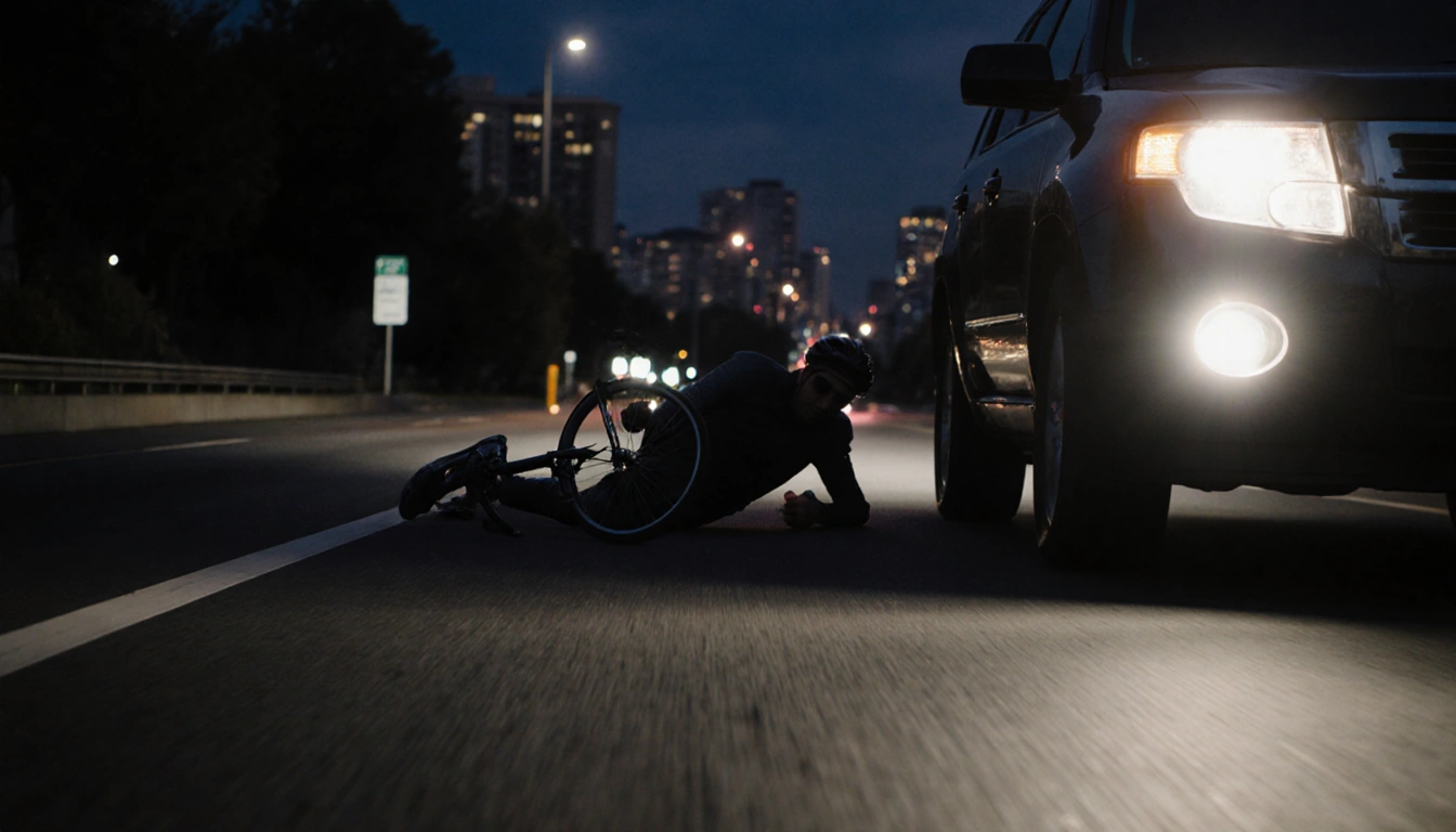 SUV swerving to hit-and-run pale cyclist with blurred city skyline at dawn