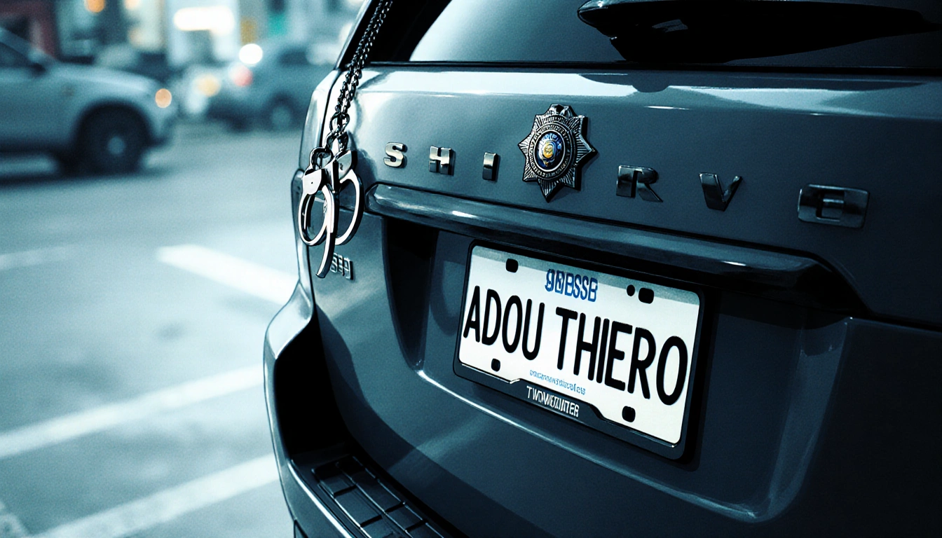SUV license plate reads Adou Thiero with police badge and handcuffs on door handle in tense street backdrop.