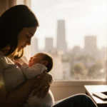 Suze Lopez cradles newborn boy on her lap with warm golden light from window and blurred cityscape background