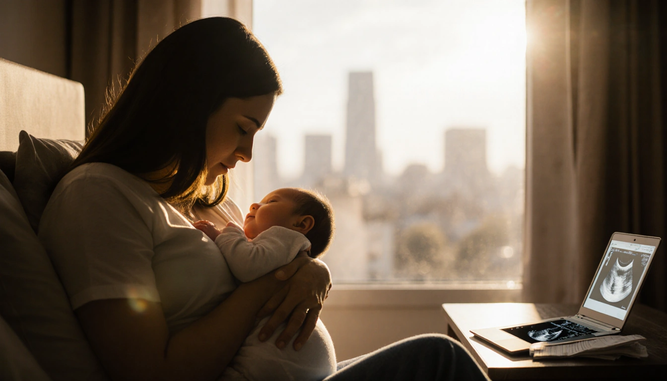 Suze Lopez cradles newborn boy on her lap with warm golden light from window and blurred cityscape background