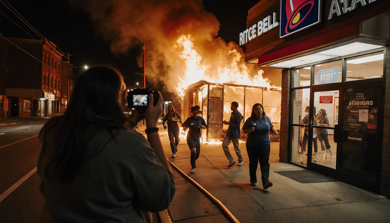 People rush out of a Taco Bell storefront in Philadelphia with flames and smoke engulfing the nearby vacant Rite Aid building