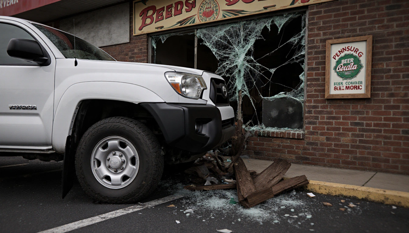 Toyota Tacoma colliding into Pennsburg Beer and Soda storefront with cracked glass and shattered signs and splintered brick.