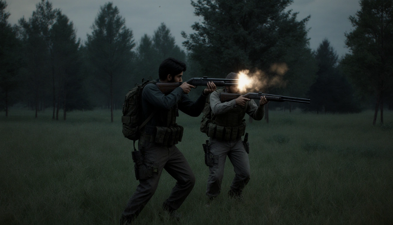 Naveed Akram and his father firing shotguns with tactical gear in grassland shadows and tense