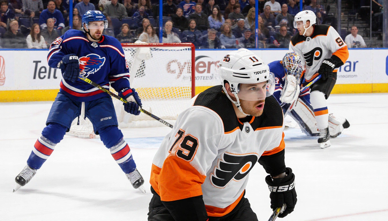 Tage Thompson scores tying ice hockey goal with Sean Couturier surprised in foreground and a blurred Buffalo player shooting 