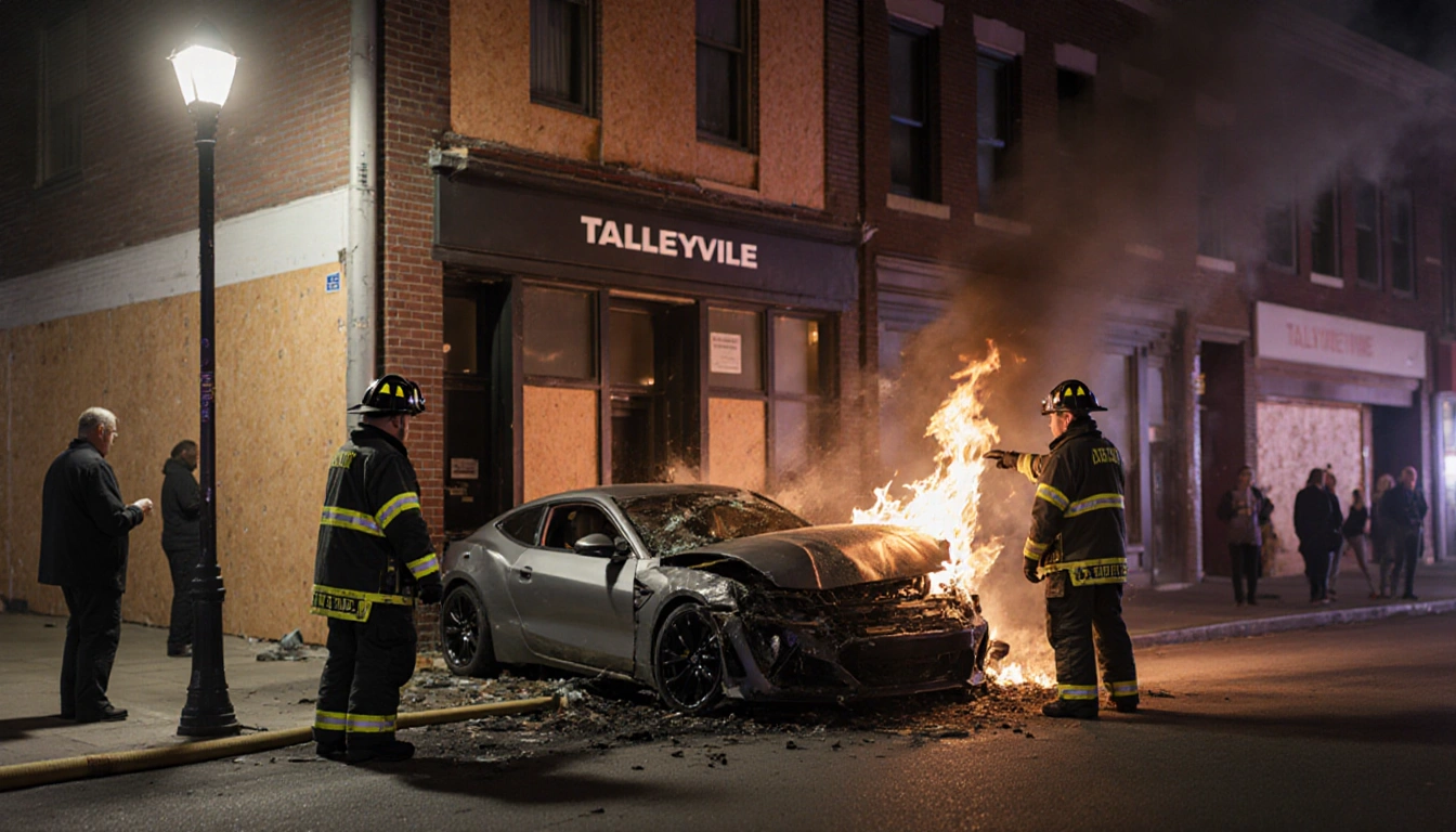 Firefighters holding a stretcher with one directing attention to a crashed car with flames against a boarded building.