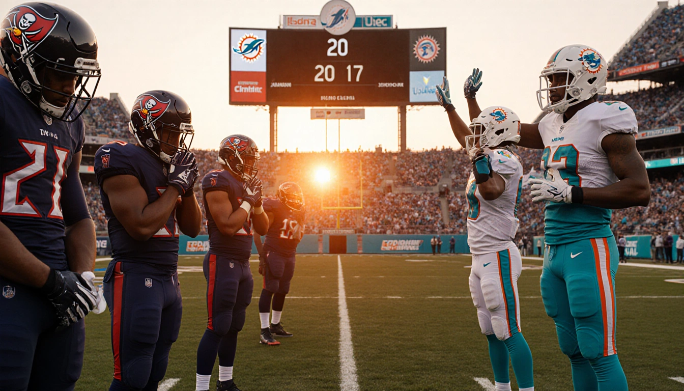 Miami Dolphins football team raise arms in victory with Buccaneers slumped beside them and scoreboard showing 20-17 at sunset