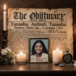 Vintage obituary notice with handwritten Tanasha name on paper and photograph on wooden desk