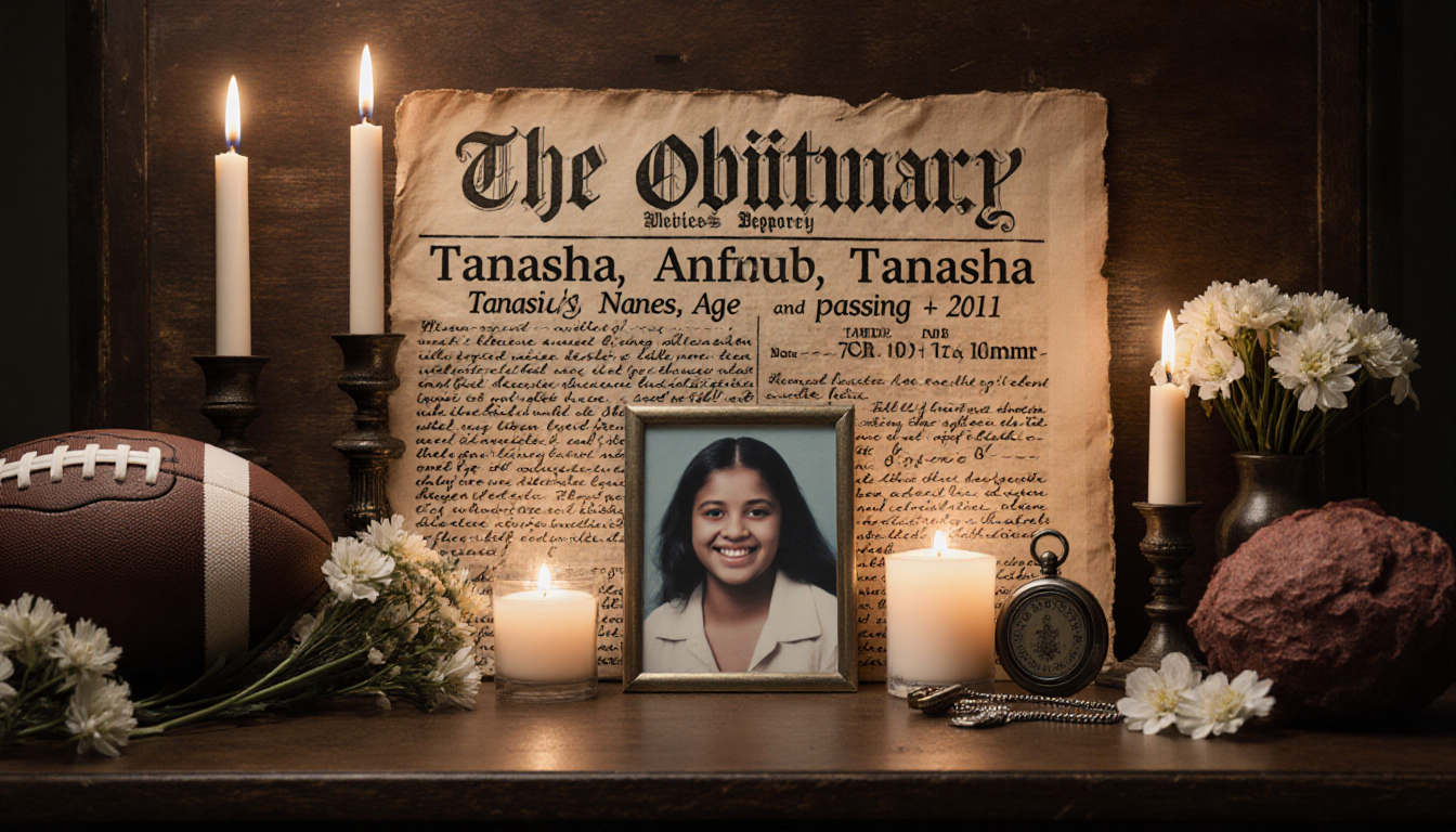 Vintage obituary notice with handwritten Tanasha name on paper and photograph on wooden desk